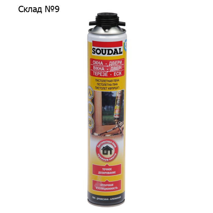 Пена монтажная Soudal, пистолетная, желтая, летняя, до 50 л, 750 мл