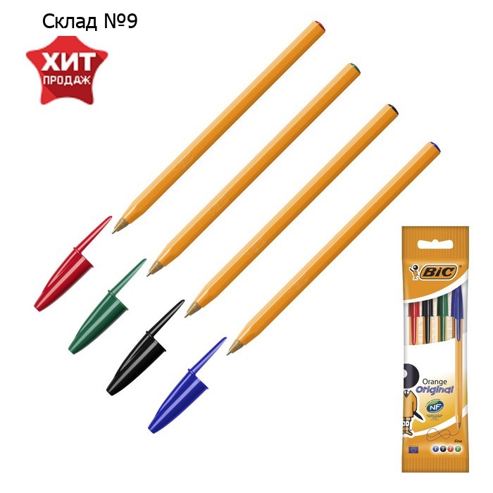 Набор ручек шариковых, BIC Orange Fine, 4 штуки, узел 0.8 мм, чернила синие, черные, красные, зелёные, тонкое письмо, оранжевый корпус, увеличенный ресурс длины письма