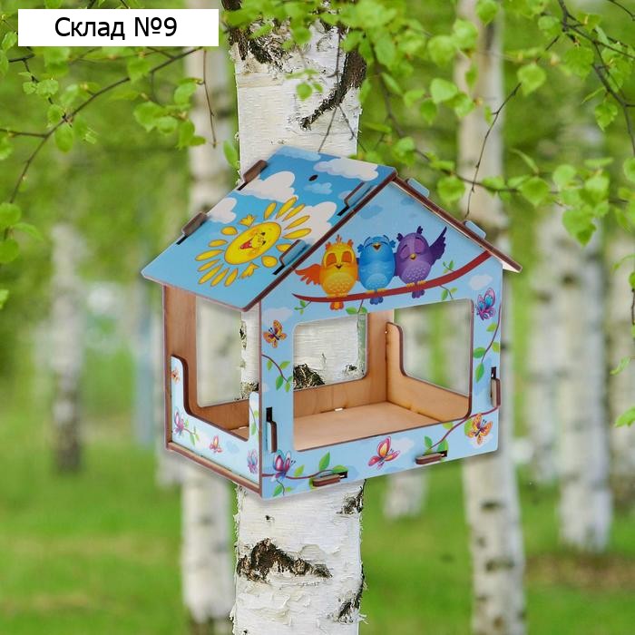 Кормушка деревянная "Дружные птички", с цветным рисунком, 18х13х19 см