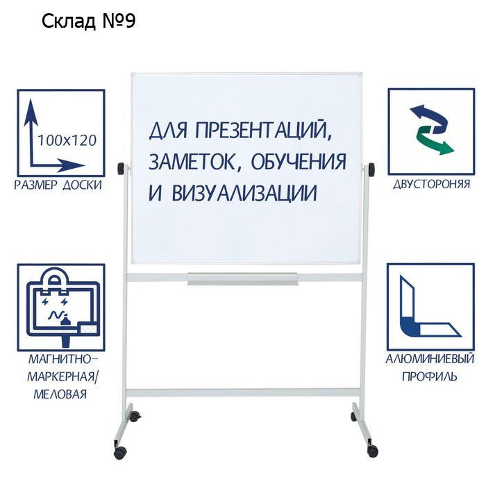 Доска двусторонняя 100×120 см, магнитно-маркерная/меловая, Calligrata СТАНДАРТ, поворотная на мобильном стенде, в алюминиевой рамке, с полочкой