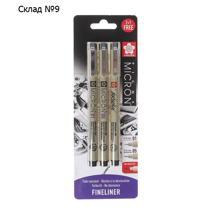 Ручка капиллярная набор Sakura Pigma Micron Manga, разные типы, 3 штуки (0.25/0.45/Brush), чёрный