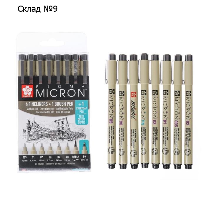 Ручка капиллярная набор Sakura Pigma Micron Manga, разные типы, 8 штук, чёрный