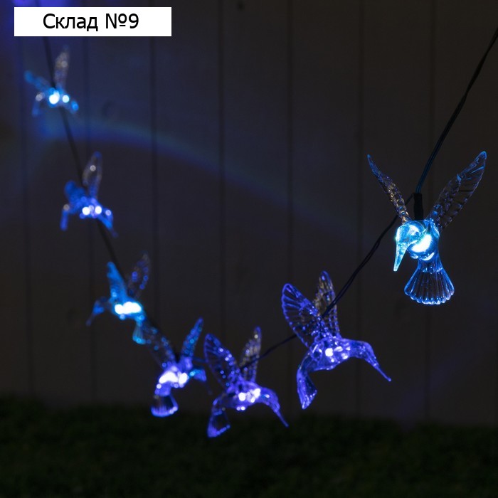 Гирлянда «ЭРА» «Нить» 3.8 м с насадками «Колибри», IP44, тёмная нить, 10 LED, свечение мульти, 1 режим, солнечная батарея