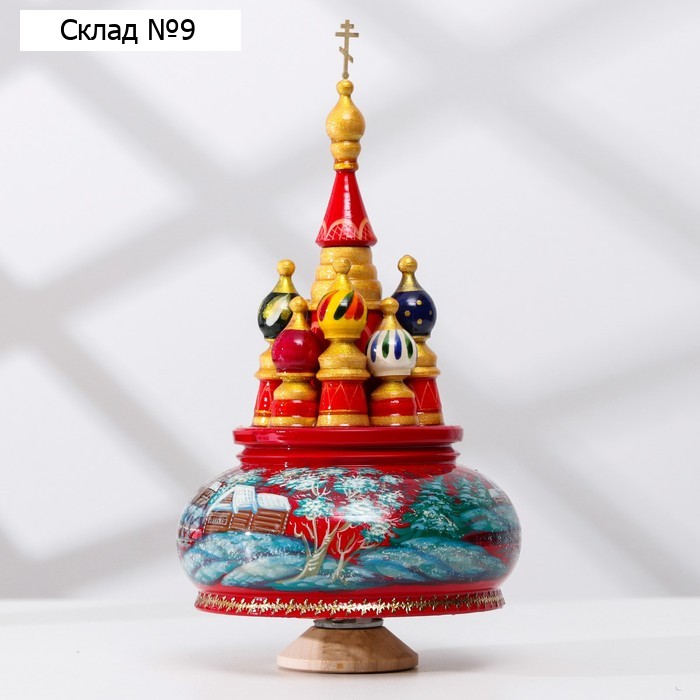 Сувенир музыкальный "Храм", зима, красный фон, ручная роспись