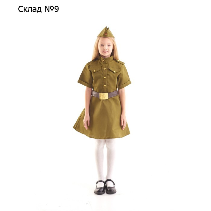Платье военное для девочки, пилотка, ремень, 3-5 лет рост 104-116 см