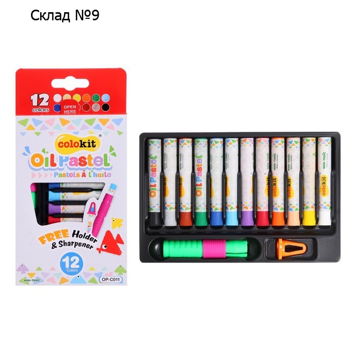 Пастель масляная с держателем Colokit, 12 цветов, 8,5/58 мм, круглый корпус, точилка в наборе