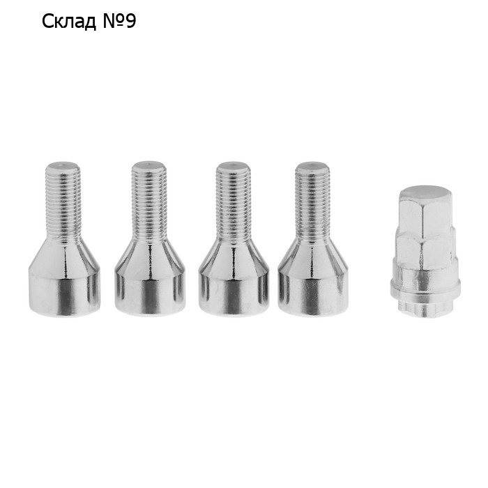 Болт секретный M12x1,25, L=48, H=25, конус, 4шт+1 ключ, хром, JN-613