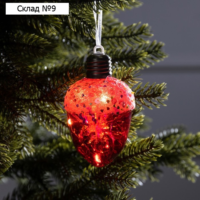 Ёлочный шар «Жёлудь красный», батарейки, 4 LED, свечение тёплое белое