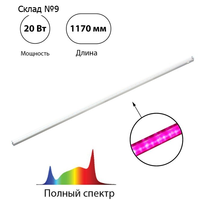 Фитосветильник светодиодный, 20 Вт, 1170 мм, IP20, полный спектр, фиолетовый, СПБ-Т5-ФИТО, IN HOME