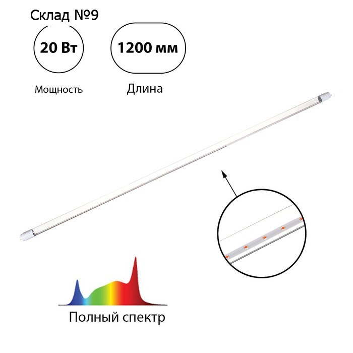 Фитолампа светодиодная, 20 Вт, 1200 мм, цоколь G13, полный спектр, LED-T8-FITO, IN HOME
