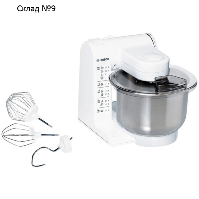 Кухонная машина Bosch MUM4407, 500 Вт, 3.9 л, 4 скорости, 3 насадки, бело-серая