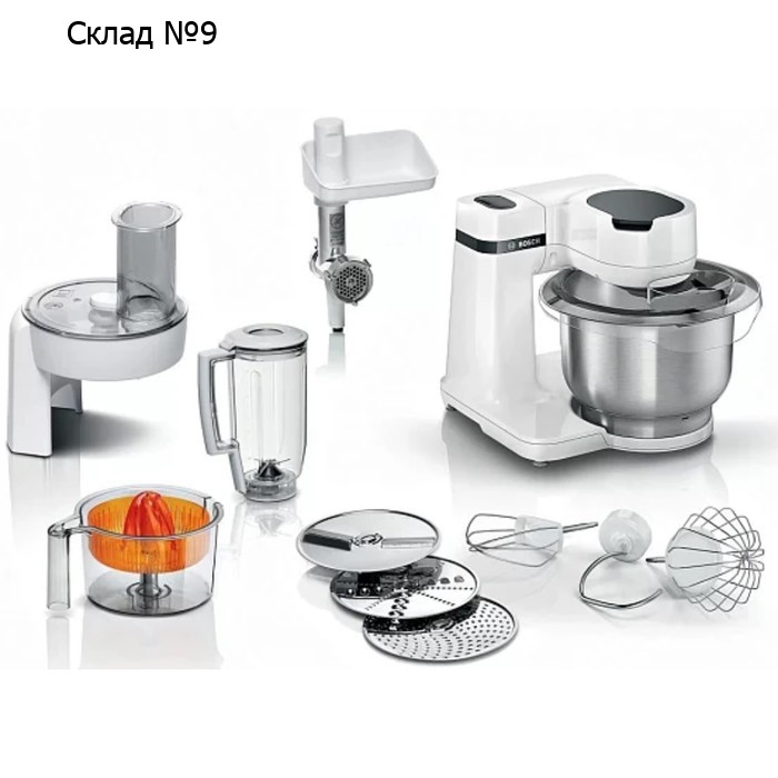 Кухонная машина Bosch MUMS2EW40, 700 Вт, 3.8 л, 4 скорости, 3 насадки, бело-серая