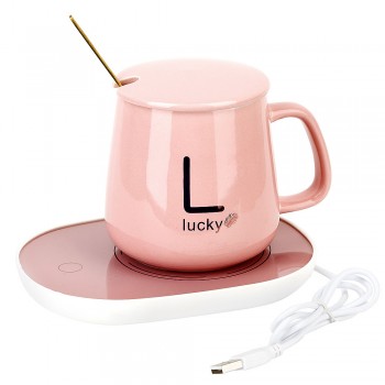 Кружка с крышкой и ложкой "Lucky" (розовая) v=440 мл с подогревом, работает от USB (подарочная упаковка)